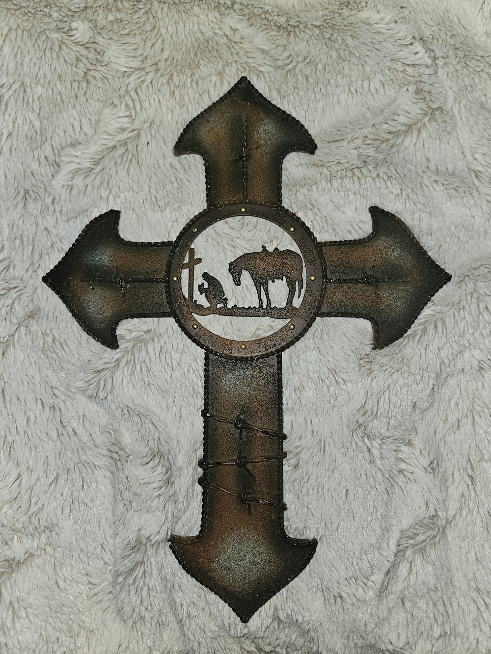 Rustic Brown Iron Cross Wall Decor with Western Silhouette